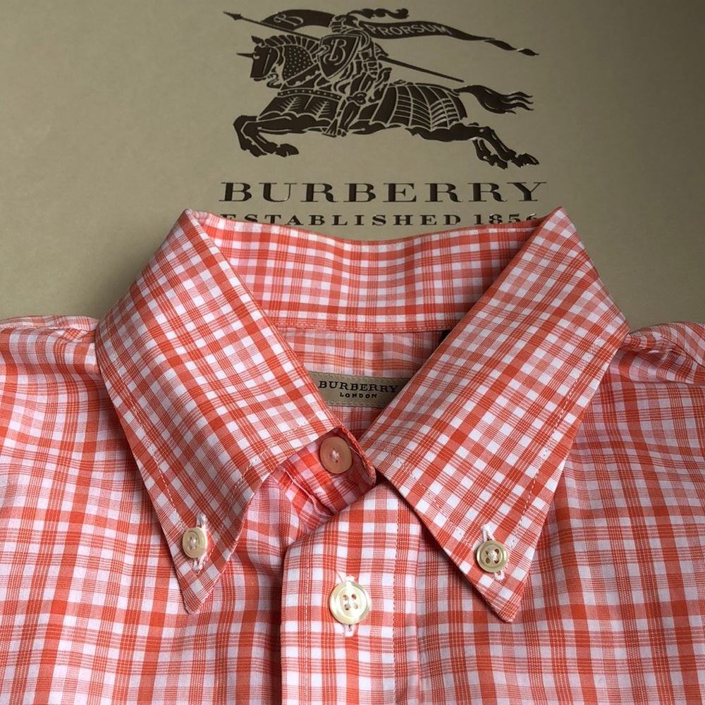 Mens’ Burberry London Plaid Orange Button Down Long Sleeve Shirt - Size M…